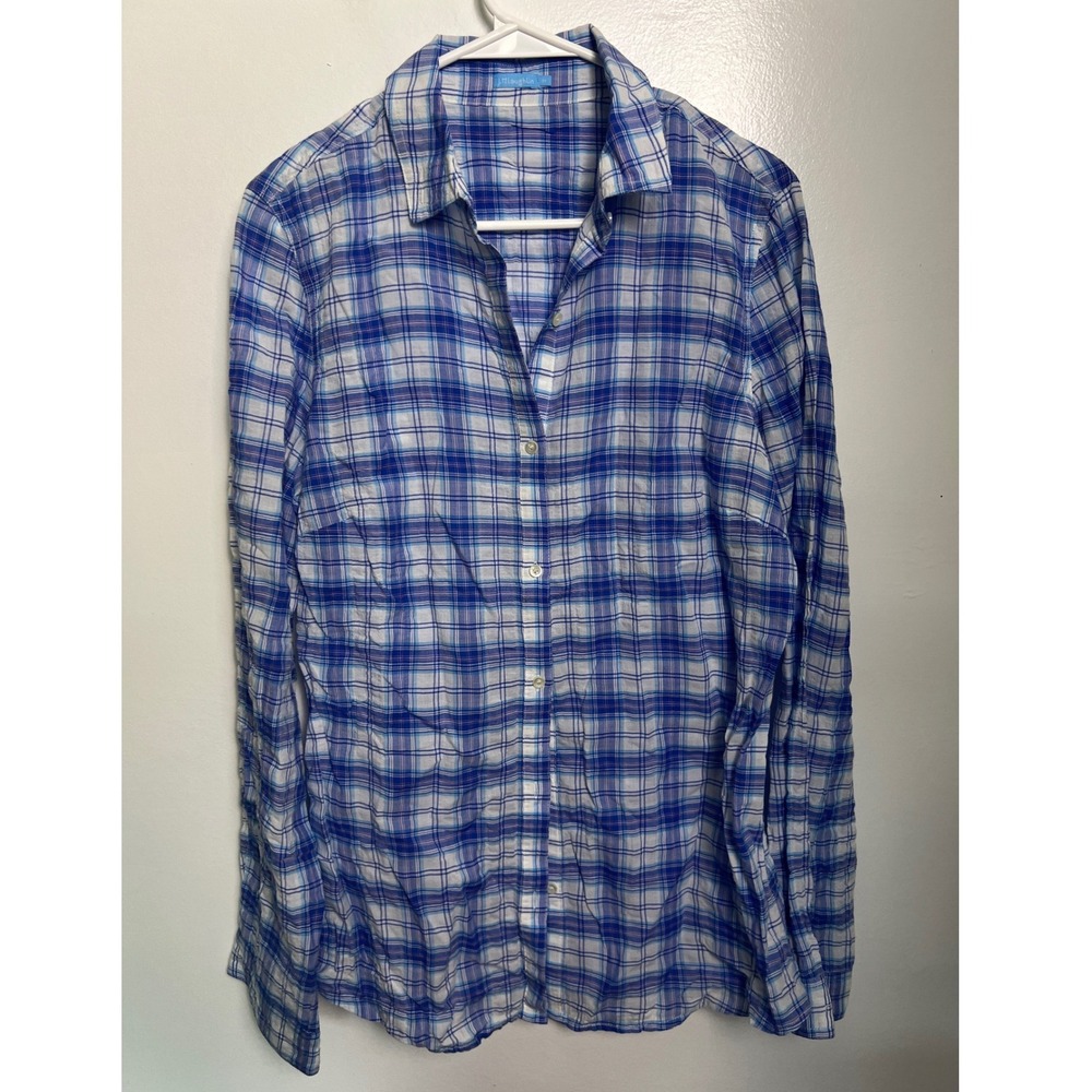 J.McLaughlin Womens Blue White Plaid Cotton Button Down Shirt M Nautical Coastal